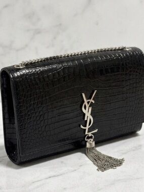 Saint Laurent KATE Black Croc-Embossed Tassel Chain Shoulder Bag